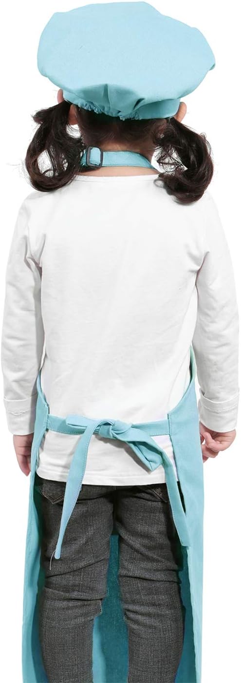 Kids Apron and Chef Hat Set-Adjustable Child Apron for Boys and Girls for Cooking Baking Light Blue