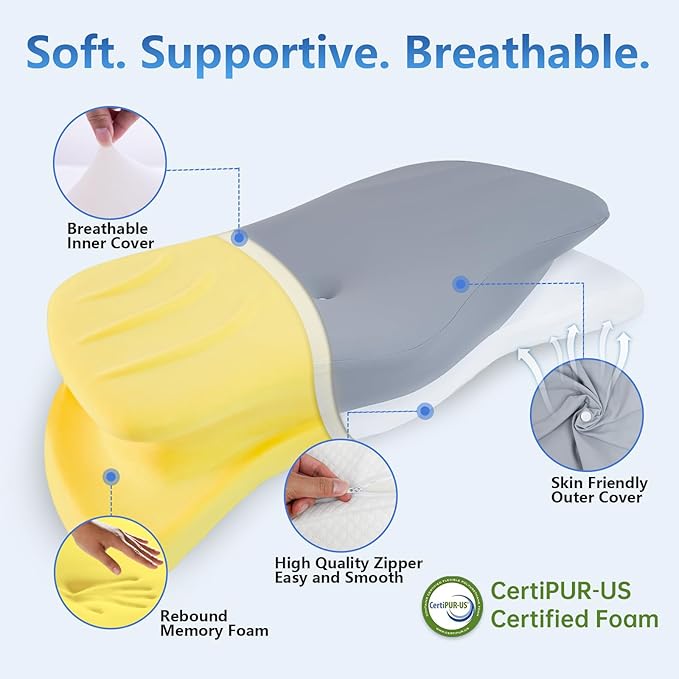 Cervical Neck Pillow, Memory Foam Pillows for Neck Pain Relief, Ergonomic Neck Support Pillow for Sleeping, Cooling Shark Tail Contour Bed Pillows for Side, Back & Stomach Sleepers