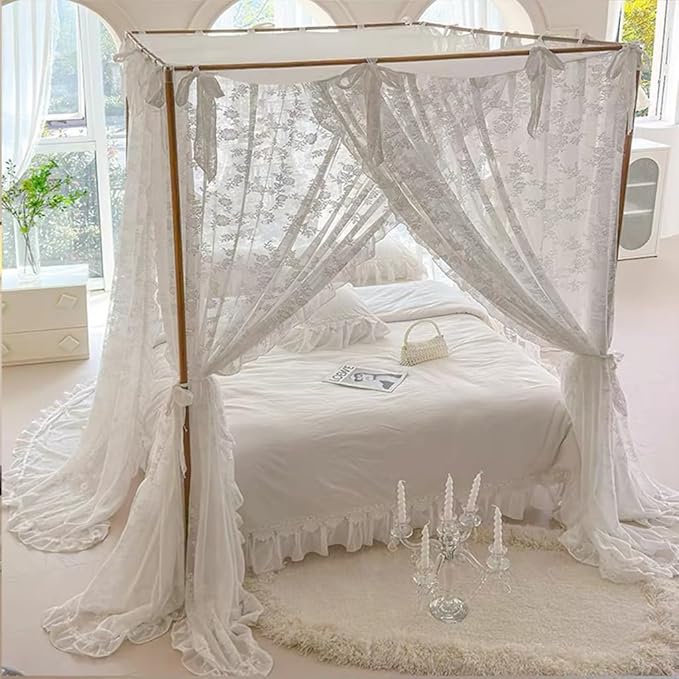 Elegant Lace Princess 4 Corner Post Mosquito Net Romantic for Girls Women Bed Curtain Canopy for Adult Wedding Bedroom Kids Rooms Decoration (Type3-Beige-White, California King)