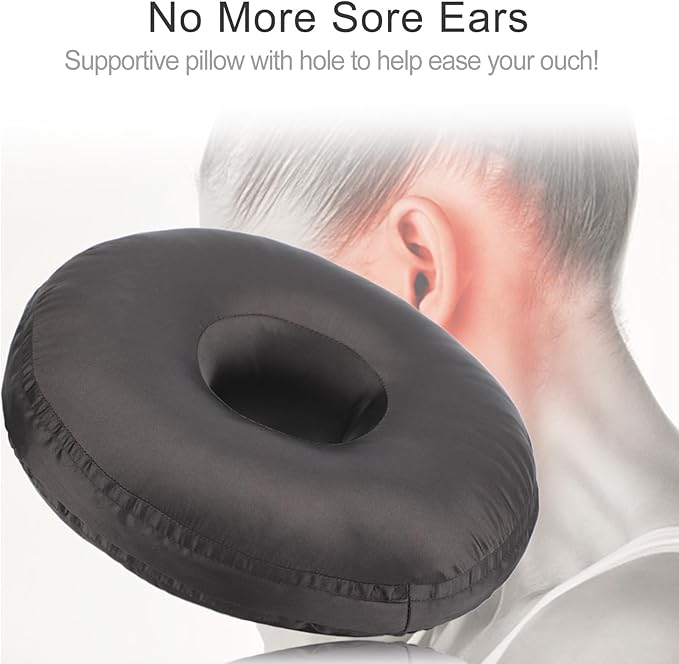 Silky Ear Piercing Pillows with Holes Removable Pillowcase Washable Donut Pillow for Ear Pain Side Sleeping Cartilage CNH Pressure Sore Tinnitus Headphones Relief Guard Protector Black