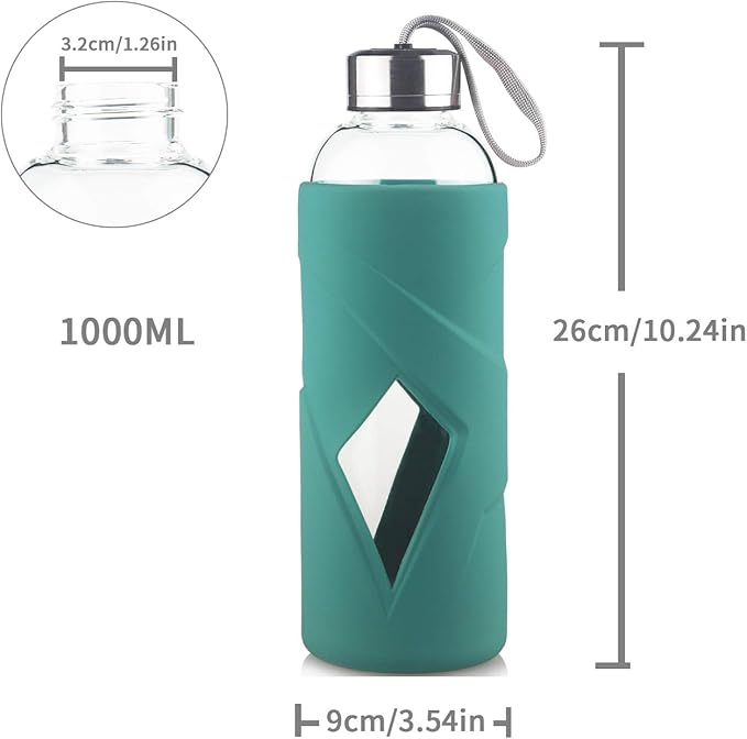 32 oz Borosilicate Glass Water Bottle BPA Free Reusable Glass Drinking Bottle with Silicone Sleeve and Stainless steel Lid