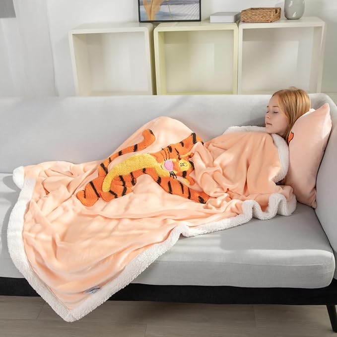 COSUSKET Kids Tiger Throw Blanket, 3D Animal Embroidery Sherpa Blanket Boys Girls Gifts