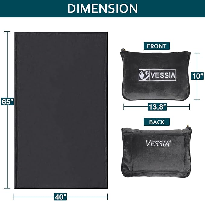 Vessia Travel Blanket for Airplane, Train and Car, Warm and Soft Travel Blanket and Pillow 2 in 1 for Adults and Kids, Portable Compact Long Flight Blanket with Luggage Sleeve, Backpack Clip(Grey)