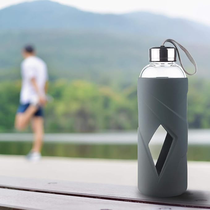 32 oz Borosilicate Glass Water Bottle BPA Free Reusable Glass Drinking Bottle with Silicone Sleeve and Stainless steel Lid