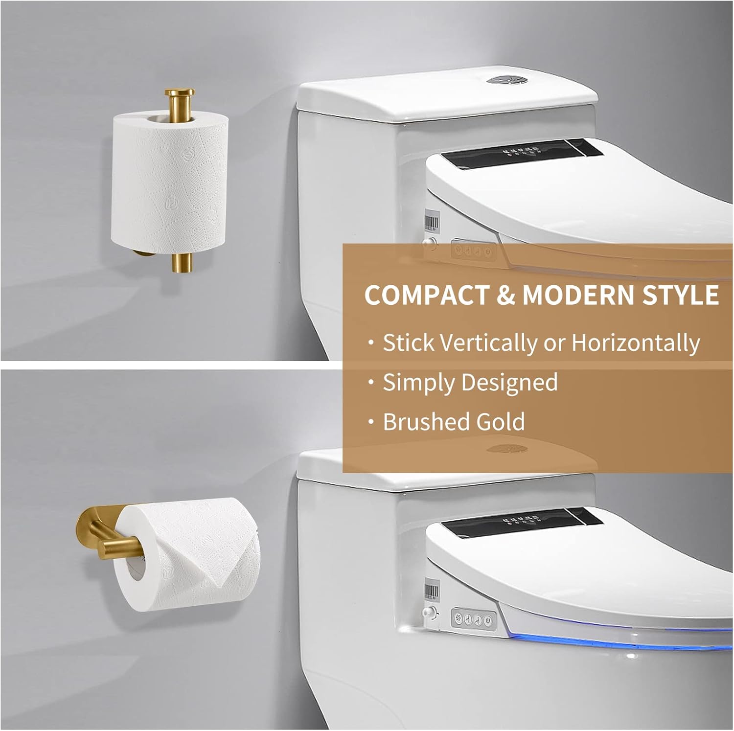 Toilet Paper Holder,Gold,Wall Mount, Upgraded Adhesive Toilet Roll Holder,no Drilling,Bathroom/Rv/Washroom,SUS 304 Stainless Steel,Rustproof (Gold, 2 Pieces)