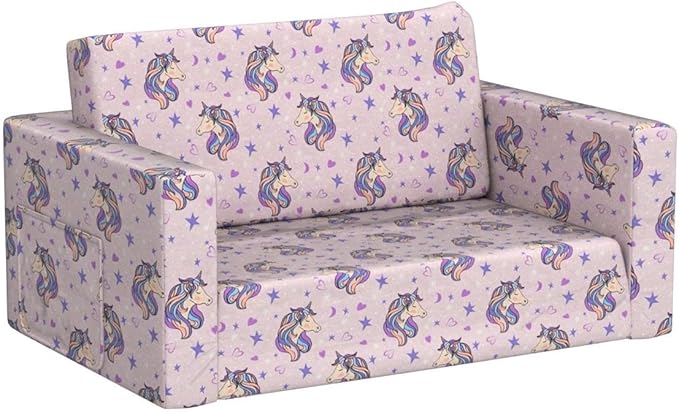 2 Seats Convertible Sofa, Extra Soft Polyester Kids Sofa with Folding Sleeper & Cute Dinosaur Print, Machine Washable, for Girls & Boys