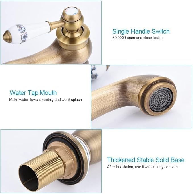 Elegant Bathroom Sink Faucet Single Hole,Cold and Hot Water Basin Sink… (Gold Blue and White Porcelain)