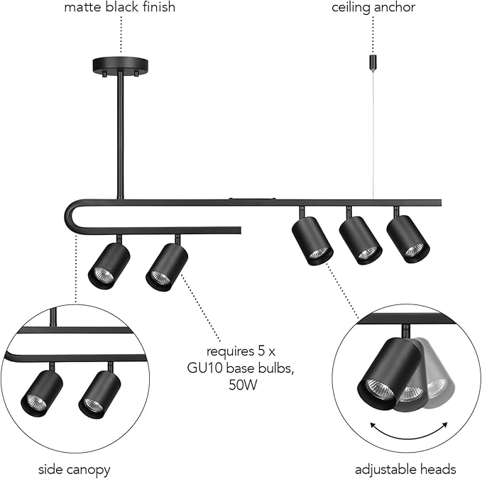 Globe Electric 64000121 32" 5-Light Track Lighting, Matte Black, Side Canopy, Pivoting Track Heads, Side Canopy