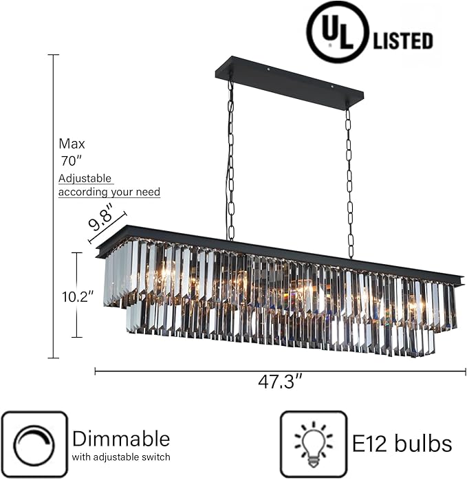 Crystal Chandeliers for Dining Room 47.3" 12 Lights Elegant Pendant Ceiling Lighting Rectangle Contemporary Pendant Light Fixture