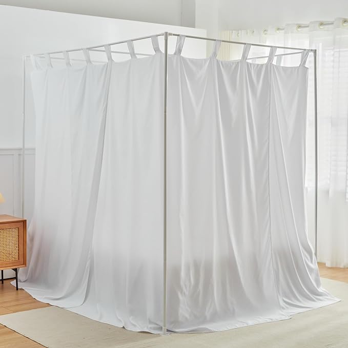 AIKASY White Canopy Bed Curtains with Top Ties and Tie Backs for Bedroom Decoration - Twin Size Bed Curtains with Windproof and Lightproof Features