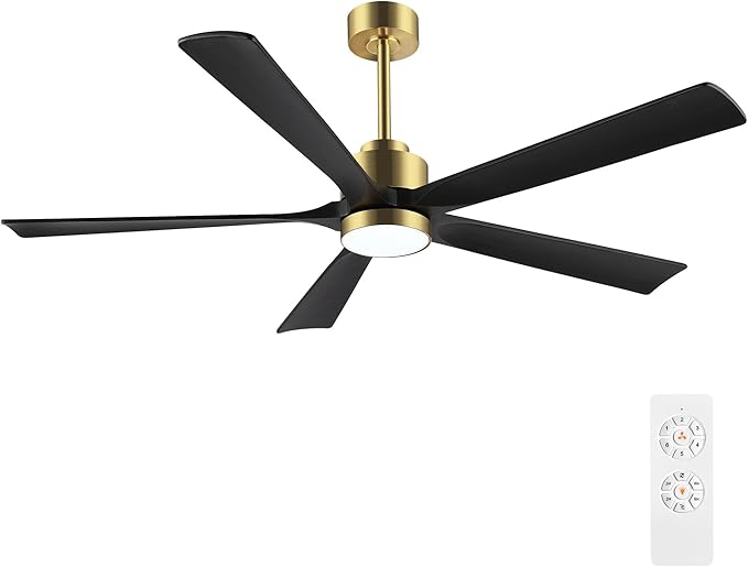 52" Modern Ceiling Fan with Light and Remote Control, 5 Solid Wood Blades 6-Speed Noiseless Reversible DC Motor, Ceiling Fan for Bedroom Dinning Living Room, Gold Finish with Black Blades