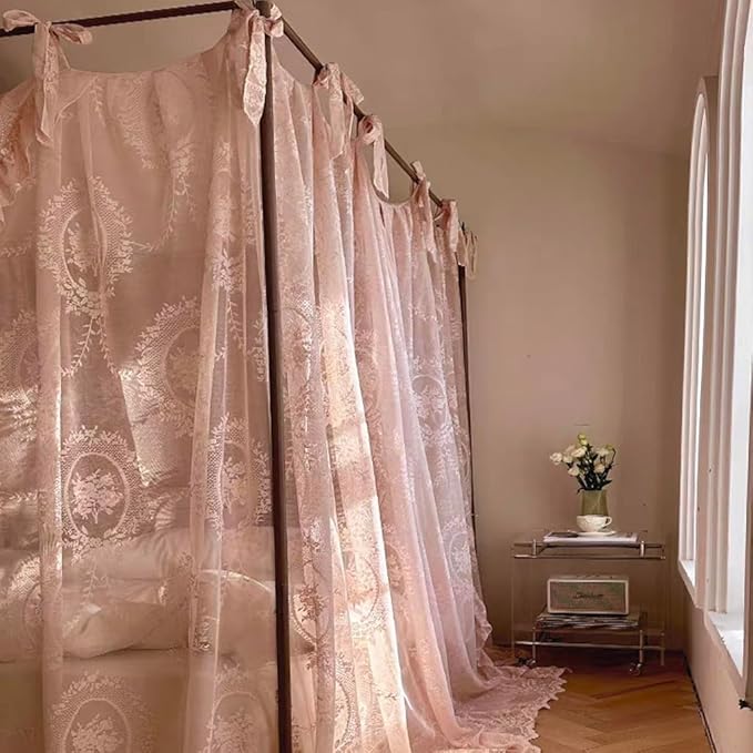 Elegant Lace Princess 4 Corner Post Mosquito Net Romantic for Girls Women Bed Curtain Canopy for Adult Wedding Bedroom Kids Rooms Decoration (Color-B, King)