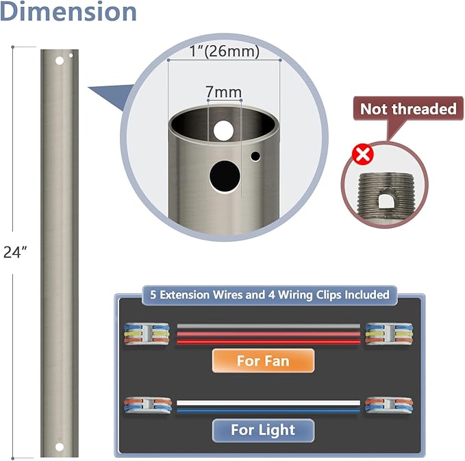 24" Ceiling Fan Downrod, 【1 Outside Diameter】 Brushed Nickel Extended Downrod, including 4 Wire Connectors and 5 Extension Wires (No Threads)