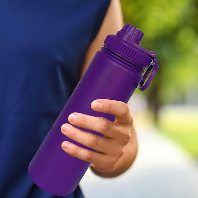 22oz Insulated Water Bottle ，Stainless Steel Sports Water Cup Flask with 2 Lids, Wide Mouth Travel Thermal Mug,Outdoor Sports Bottle（Purple）