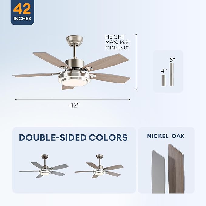 42 Inch Ceiling Fans with Lights and Remote/APP Control, Modern Nickel Ceiling Fan with Quiet Reversible DC Motor, 3 CCT Dimmable LED for Bedroom, Living Room, Patio, Indoor and Outdoor