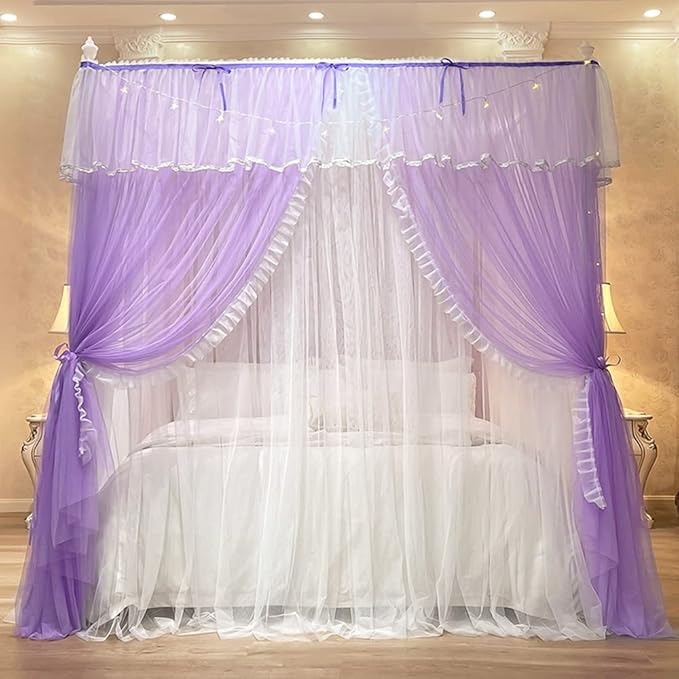 Mengersi Canopy Bed Curtains with Lights,4 Corner Bed Canopy Royal Luxurious Bed Drapes Netting,Princess Bed Curtains for Girls Adults Bedroom Decoration (Purple, Twin)