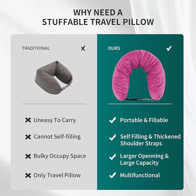 Stuffable Travel Pillow for Extra Luggage, Travel Neck Pillow Stuffable with Clothes, Stuffable Neck Pillow for Travel, Velvet Travel Neck Pillow Storage Bag, Fillable Luggage Pillow (Strong Pink)