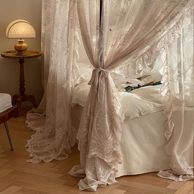 Elegant Lace Princess 4 Corner Post Mosquito Net Romantic for Girls Women Bed Curtain Canopy for Adult Wedding Bedroom Kids Rooms Decoration (Color-C, King)