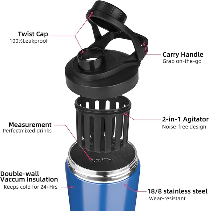 24 oz Shaker Bottle,Stainless Steel Shaker Bottle with Noise-Free Design,Insulated Metal Shakers Bottles Cup for Protein Mixes and Pre Workout,Gym Shaker Bottle(Navy blue)