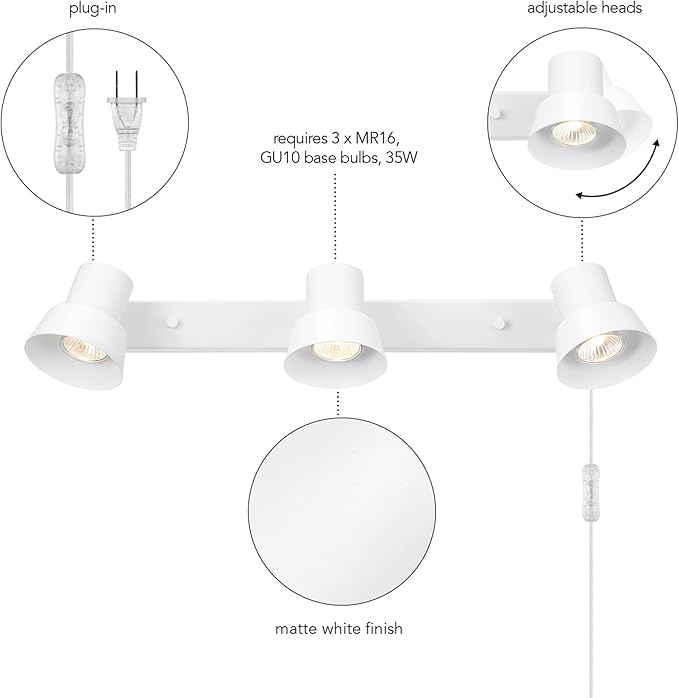 Globe Electric 64000116 22" 3-Light Plug-in Track Lighting, Matte White, Pivoting Track Heads, 15-Foot Cord, in-Line on/Off Rocker Switch