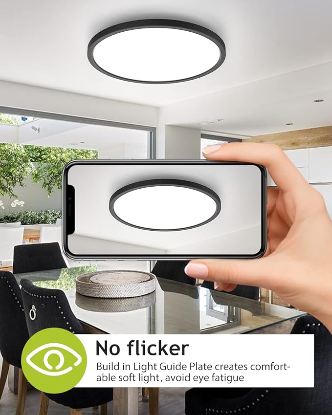 1PACK Flush Mount LED Ceiling Light Fixture Black, 12Inch 28Watt, Dimmable & 3000K-4500K-6000K 3 Color Selectable Ceiling Lamp 3200LM Low Profile Ceiling Light for Kitchen Bedroom Hallway Porch