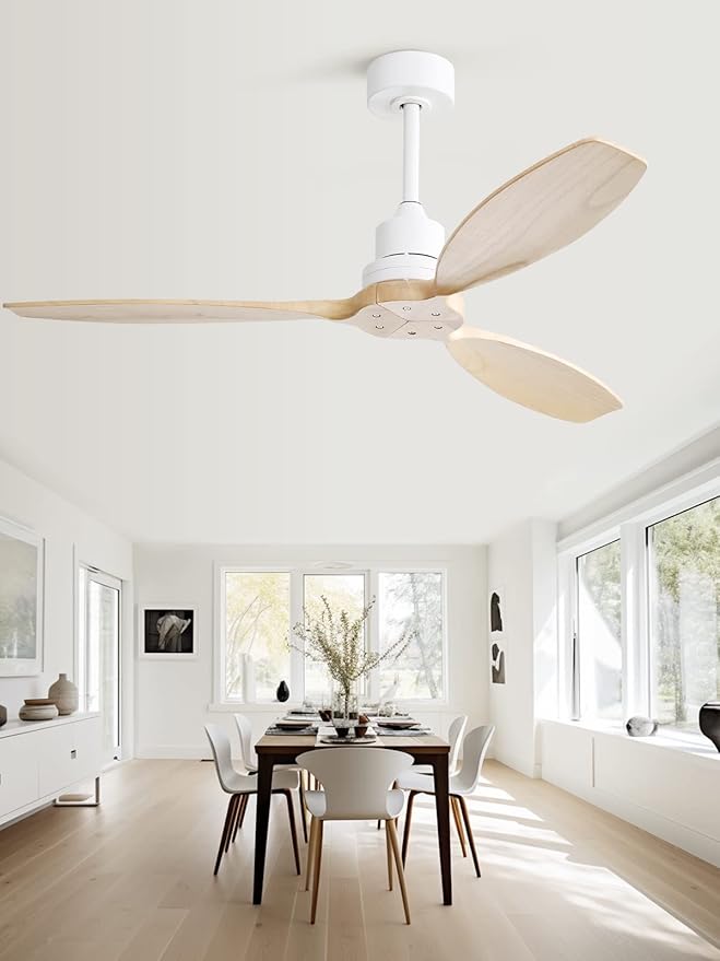 Sofucor 52" Ceiling Fan no Light with 3 rods, Outdoor Ceiling Fan without Light, Modern Ceiling Fan with Remote and Quiet Energy Saving Motor, 6 Speeds, Light Wood Blade & White Downrod