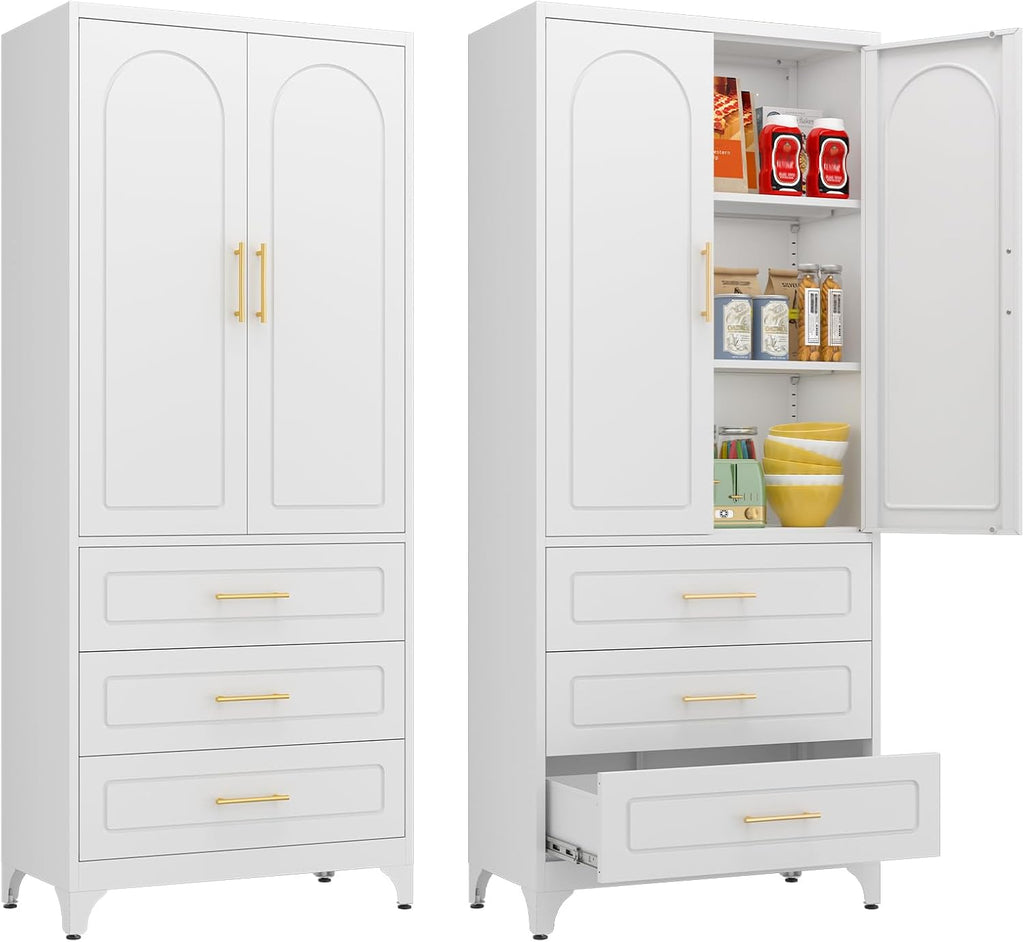 Kitchen Pantry Cabinet, 75" Tall Pantry Cabinet with Three Drawers, Freestanding Food Cupboard with Doors and Shelves, Metal Storage Cabinets for Dining, Living Room, White, Assembly Required