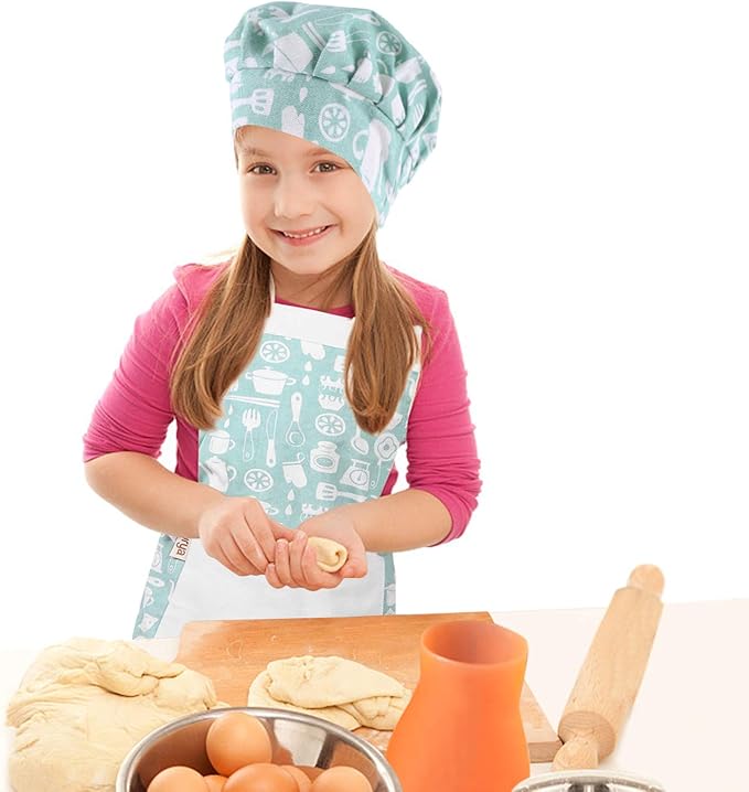 Kids Apron and Chef Hat Set-Adjustable Child Apron for Boys and Girls for Cooking Baking