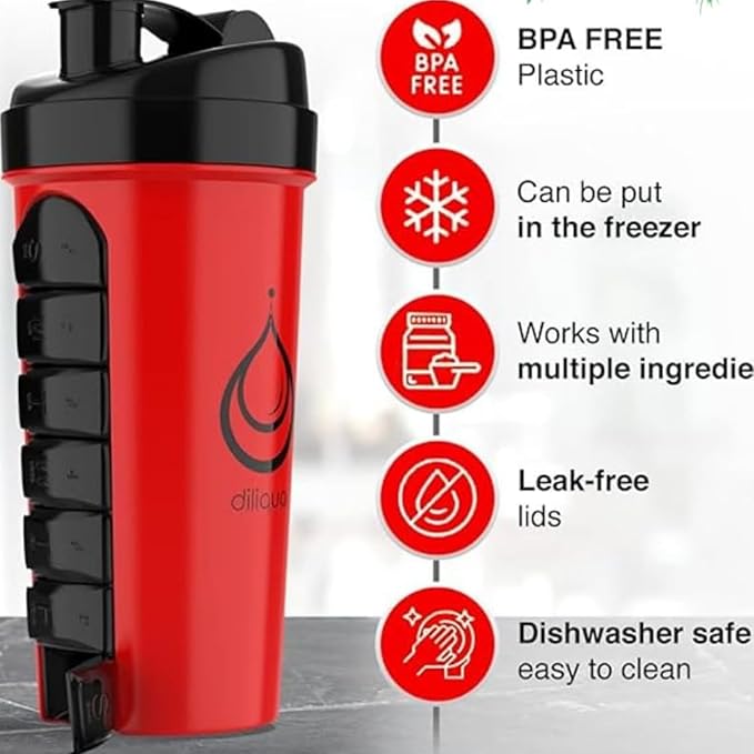 '-2 PACK- Shaker Bottles for Protein Mixes with Pill Organizer | BPA-Free & Dishwasher Safe | 2 Large 24 oz protein shaker bottle | Shaker Cups for protein shakes | Blender Shaker Bottle Pack