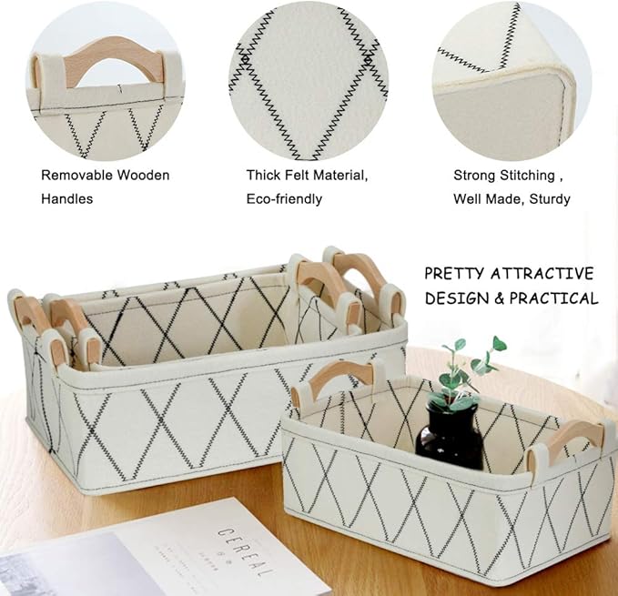 Small Storage Baskets Toy Storage Organizer Rectangle Basket Empty Gift Baskets Shelf Baskets Decorative Storage Basket With Wooden Handles for Keys Makeups Remotes Books