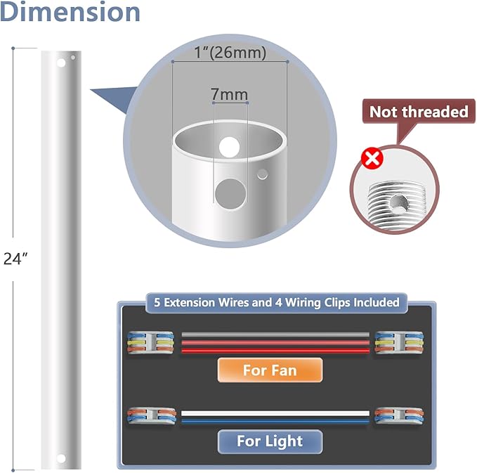 24" Ceiling Fan Downrod, 【1 Outside Diameter】 Matte White Extended Downrod, including 4 Wire Connectors and 5 Extension Wires (No Threads)