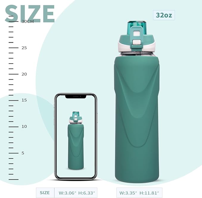 32 oz Sports Glass Water Bottle with Straw & Silicone Sleeve Reusable BPA-free Borosilicate Glass Drinking Bottle with Flip Top Lid & Handle Wide Mouth (Deep Green)