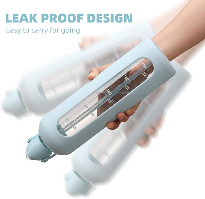 32 oz Glass Water Bottles with Straw Borosilicate Glass Water Bottle with Time Marker Motivational Water Bottles with Silicone Sleeve Leak Proof Reusable BPA Free