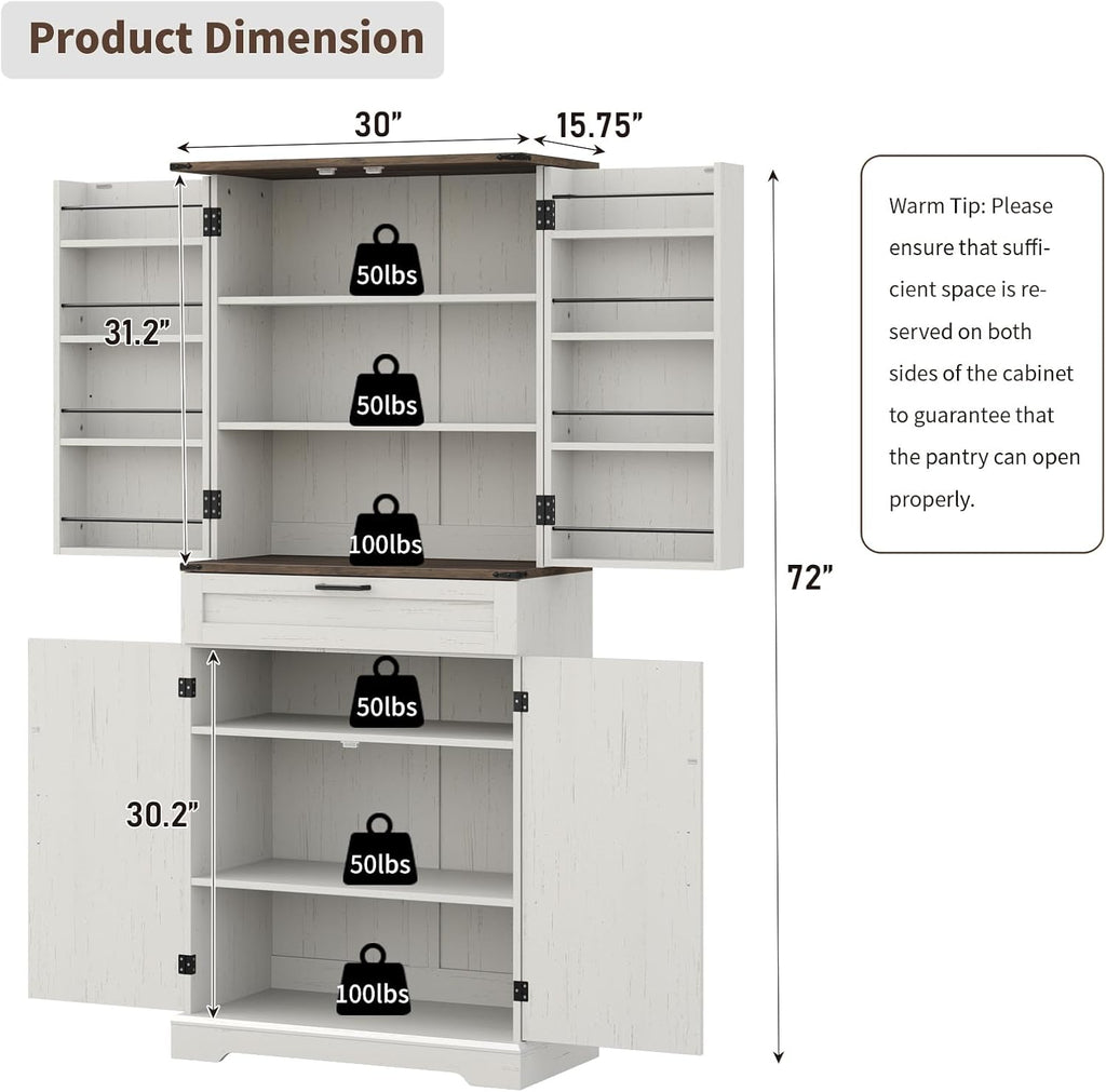 72'' Kitchen Storage Pantry Cabinet, Tall Storage Cabinet with 8 Door Shelves, 2 Cabinets and 1 Drawer, Freestanding Cupboard for Kitchen, Dining Room, Bathroom, Laundry, Off White