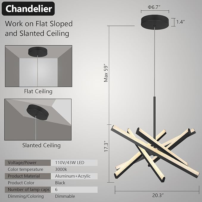 Kinglong Black Chandelier【Upgraded】,Modern Chandelier 6-Lights,Dimmable Acrylic LED Chandelier Lighting Fixture for Dining Room,Living Room,Bedroom,Entryway,Kitchen Island(L:20.07",W:17.32")