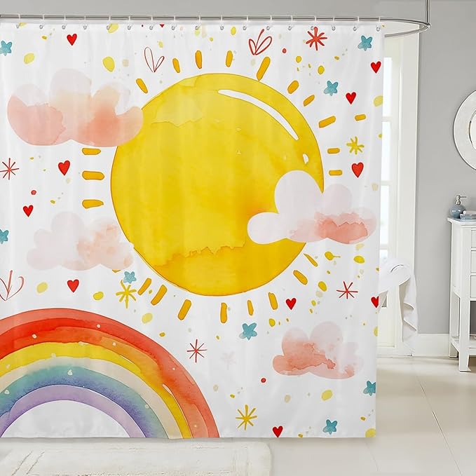 Feelyou Boys Girls Rainbow Shower Curtain Sun Bath Curtain Colorful Bathroom Shower Curtain Set Kids Cute Cartoon Teens Bathroom Accessories Room Decor 72"x78"