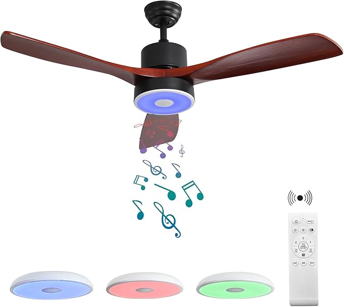 52 Inch Wood Ceiling Fan with RGB Dimming LED Light,with Music Bluetooth Speaker,Remote Control,3-Speed Regulation, Reversible Motor,Timing,for Living Room,Bedroom,Restaurant,Outdoor