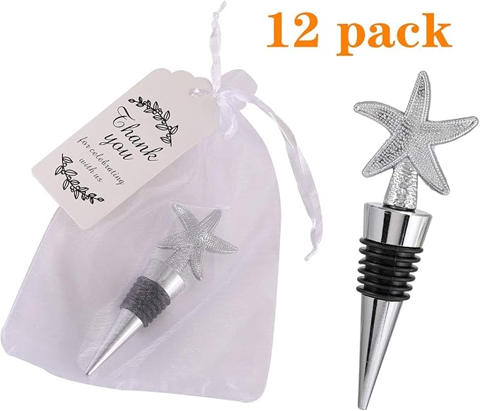 12PCS Valentine's Day Wedding Favors for Guests,Zinc Alloy Decoration Starfish Wine and Beverage Bottle Stoppers Caps Reusable Plug Keep Wine Fresh (12,Sliver Starfish)
