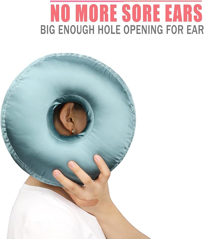 Satin Ear Piercing Pillow Removable Cover Luxury Cnh Pillow with Ear Holes for Ear Pain Side Sleepers Washable Large Donut Pillows Head Neck Support Turquoise