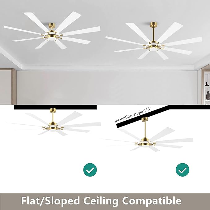 80" Ceiling Fan with Lights and Remote Control, Wood 8 Blades 6-Speed Noiseless Reversible DC Motor, 3 Downrods, Modern Large Ceiling Fan for Bedroom Dining Living Room, Gold Finish+White