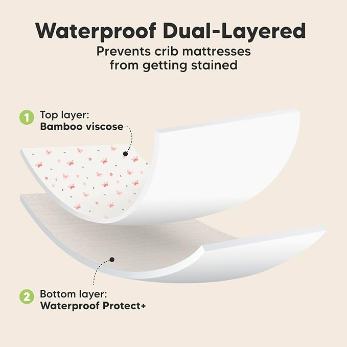 2-Pack Waterproof Crib Sheets for Boys, Girls-Viscose Derived from Bamboo Crib Sheets Neutral,Crib Mattress Protector Sheet,Soft Toddler Bed Sheets,Fitted Baby Crib Sheets Girl,Boy (Butterflies)