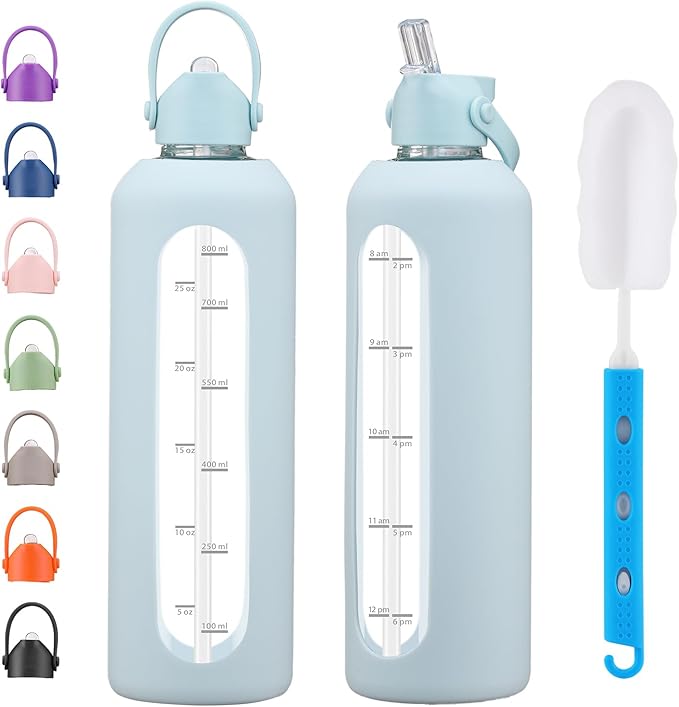 32 oz Glass Water Bottles with Straw Borosilicate Glass Water Bottle with Time Marker Motivational Water Bottles with Silicone Sleeve Leak Proof Reusable BPA Free