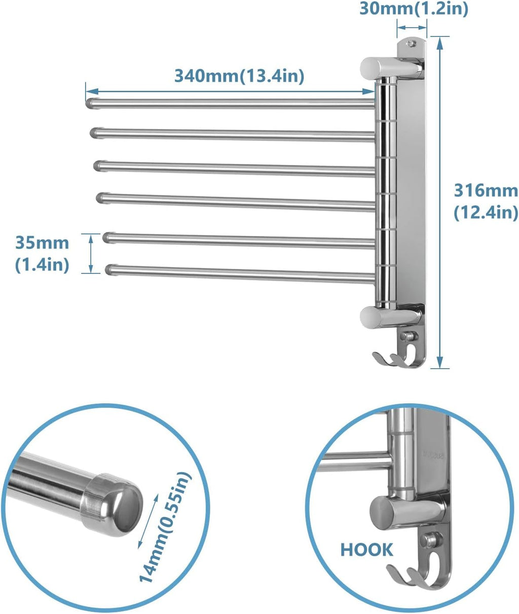 Towel Rack Wall Mounted JSVER Bathroom Towel Rack, Space Saving Towel Holder, Swivel SUS304 Stainless Steel Towel Bar, 180° Rotation 6 Arms Towel Racks for Bathroom