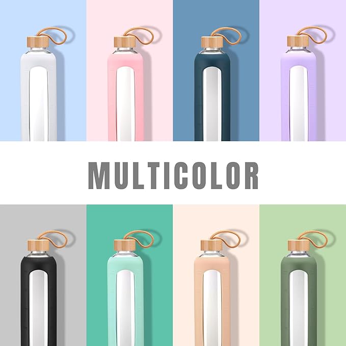 32oz Glass Water Bottle With 2 Lids-Flip Straw Lid, Bamboo Lid, Glass Water Bottle With Silicone Sleeve, Motivational Time Marker, Glass Juice Bottle for Cold Drink,Pink