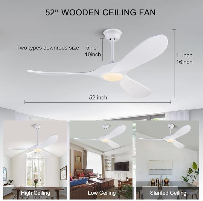 BOJUE Ceiling Fan with Lights 52 Inch Indoor Outdoor Ceiling Fan 3 Wooden Blades Remote Control with Light Modern Ceiling Fan for Terrace Living Room Bedroom (White Blades)