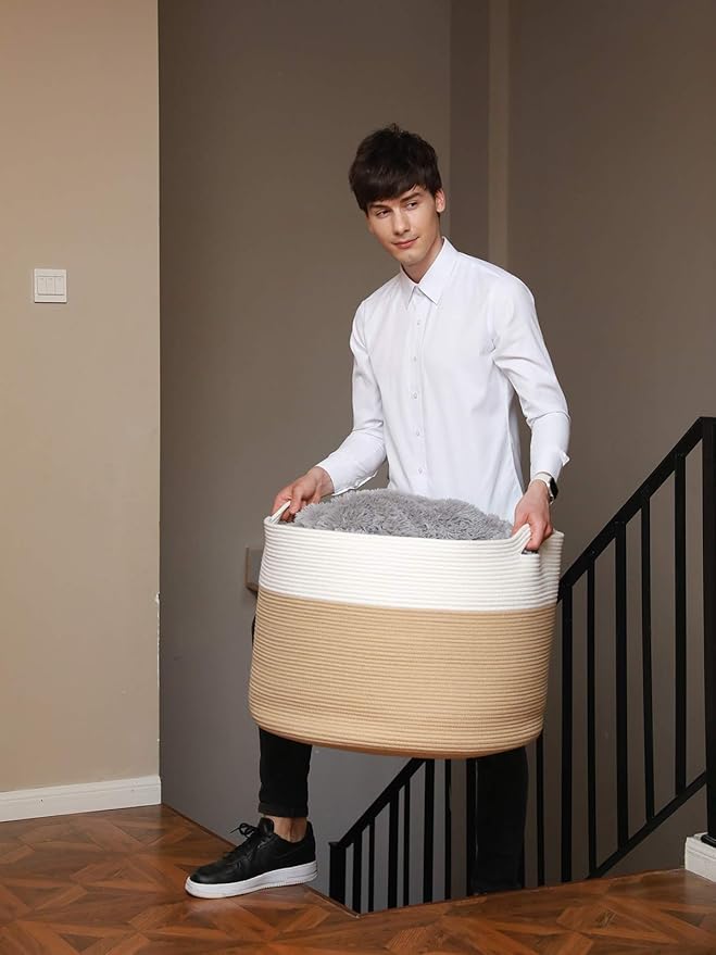 24" x 24" x 17" Max Size Large Cotton Rope Basket, Extra Large Storage Basket, Woven Laundry Hamper, Cloth Storage Bin, for Blankets Clothes Towels Pillows in Living Room, Beige
