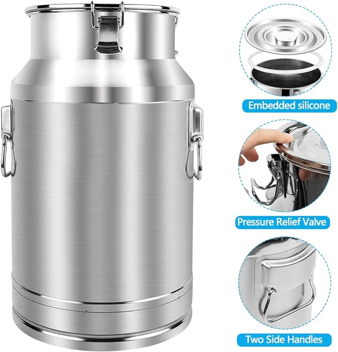 304 Stainless Steel 20 Liter Milk Can, Milk Bucket Wine Pail Bucket with Spigot 5.25 Gallon Milk Can Tote Jug with Sealed Lid Heavy Duty for Milk and Wine
