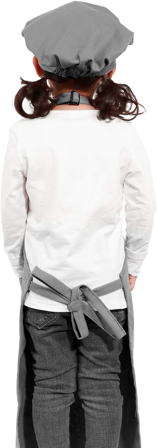 Kids Apron and Chef Hat Set-Adjustable Child Apron for Boys and Girls for Cooking Baking Dark Grey
