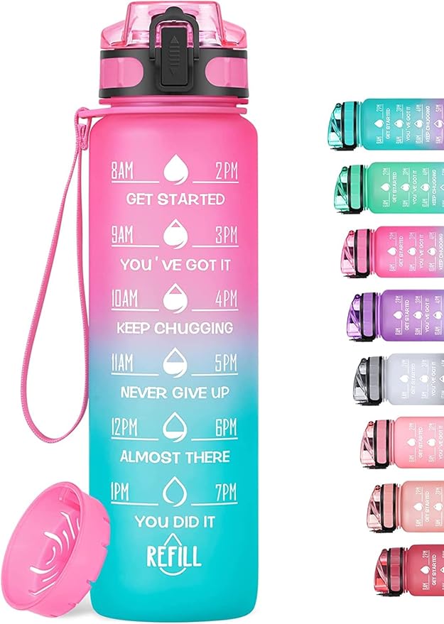 32oz Motivational Water Bottle with Time Marker & Fruit Strainer, Leak-proof BPA Free Non-Toxic 1l Bottle with Carrying Strap, Perfect for Fitness, Gym and Outdoor Sports (Ombre: Sorbet)
