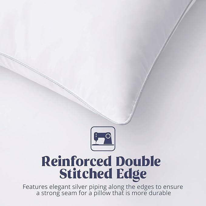 puredown® Goose Feather Bed Pillow with 100% Cotton Cover, 1 Pack, Standard Size Hotel Collection Pillow for Sleeping with Silver Piping
